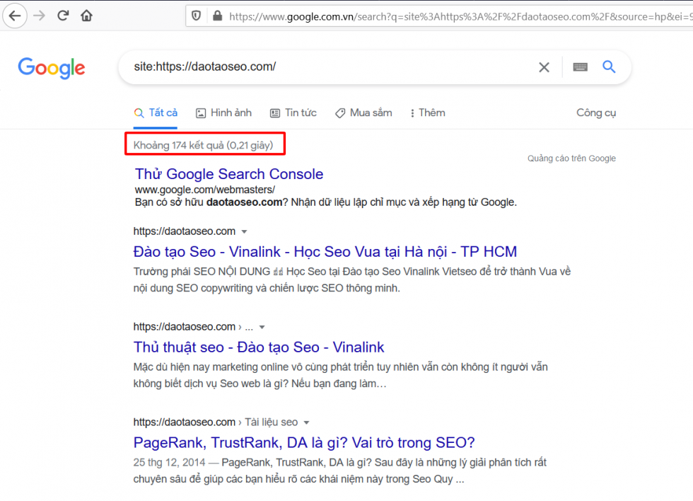 Kiểm tra index trên google